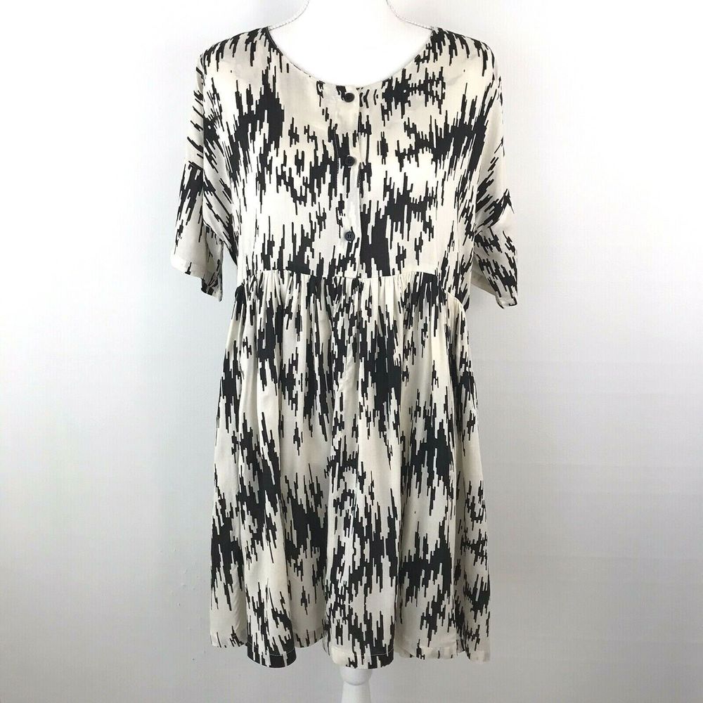 Ganni Anthropology Women’s Size S Shift Dress Short Sleeves Ivory Black Abstract